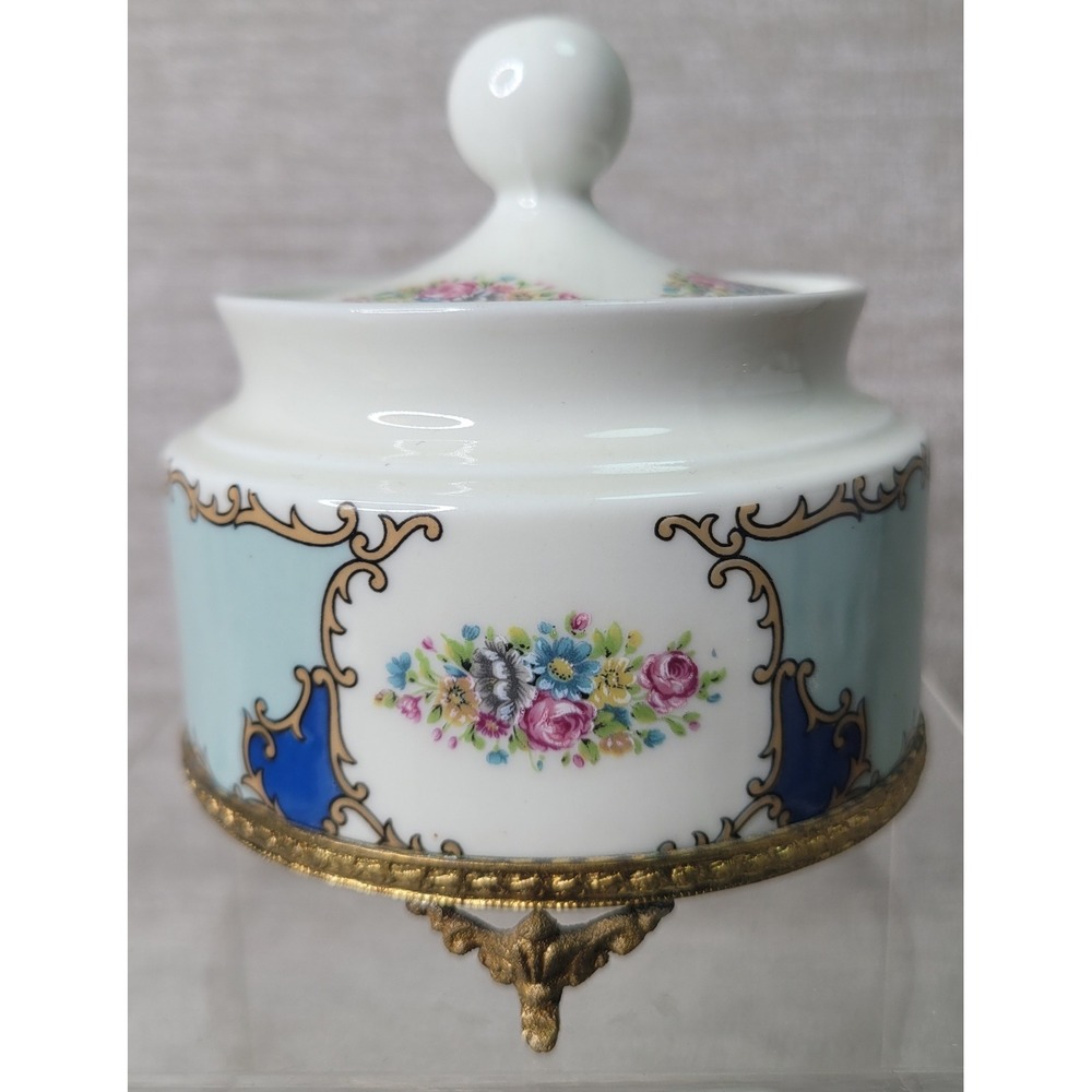 VTG T. Limoges Hand Painted French Porcelain Footed Ormolu Style Trinket Box